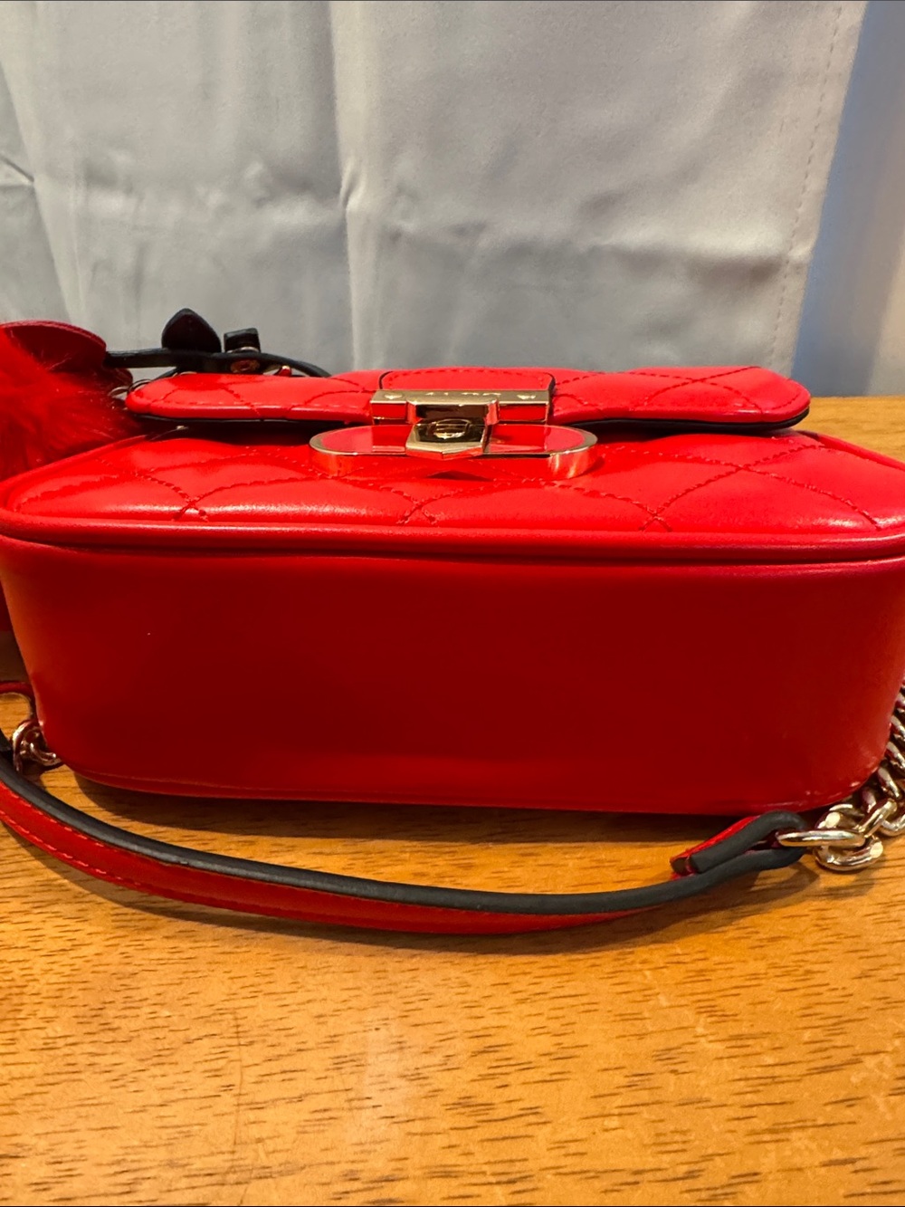 Aldo Red Quilted Mini Crossbody Top-Handle Bag with Pom and Cherry 🍒 Heart Charm - Picture 3 of 6